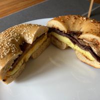 egg sausage on left, steak and eggs on right at Ben & Esther's Vegan Jewish Deli in Portland