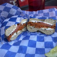 Bagel lox and cream cheese  at Ben & Esther's Vegan Jewish Deli in Portland