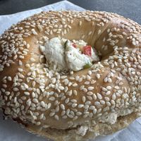 Sesame bagel with Veggie shmear   at Ben & Esther's Vegan Jewish Deli in Portland