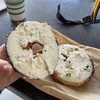 Thick schmear of scallion and bacon cream cheese.  at Ben & Esther's Vegan Jewish Deli in Portland