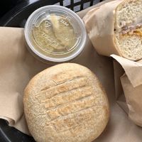 Potato knish with mustard   at Ben & Esther's Vegan Jewish Deli in Portland