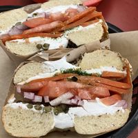 Cream cheese and lox on an everything bagel  at Ben & Esther's Vegan Jewish Deli in Portland