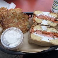 Lox Bagel and Latkas  at Ben & Esther's Vegan Jewish Deli in Portland