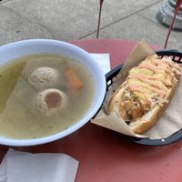 Reuban Hot Dog and Matzo Ball Soup  at Ben & Esther's Vegan Jewish Deli in Portland