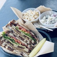 Turkey club, mac and cheese, and potato saladd  at Ben & Esther's Vegan Jewish Deli in Portland