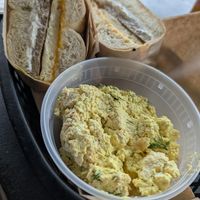 Sausage egg and cheese. Jalapeno shimmer. Egg salad at Ben & Esther's Vegan Jewish Deli in Portland