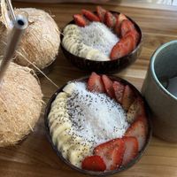 Nicecream “Dark” & “Purple” bothe without granola because the granola has honey in it.  at Ani's Bowls and Salads in Santa Teresa