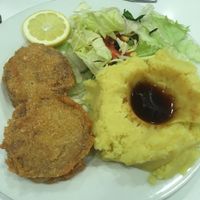 soy schnitzel ("řízek") and potato mash at Loving Hut - OC Nový Smíchov in Prague