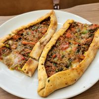 Pide with ground "meat," cheese, and peppers at Vegan Masa in Istanbul