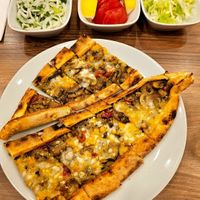 Mushroom and cheese pide at Vegan Masa in Istanbul