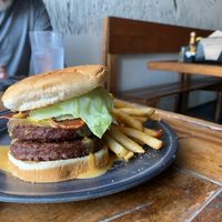 Double burger with back and nacho cheese. With fries.  at Imagine Vegan Cafe in Memphis