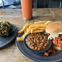 Vegan Memphis Sandwich Platter with seasoned greens  at Imagine Vegan Cafe in Memphis