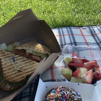 BLTA, fresh fruit, (donut is from Creamo next store)  at Millie's Cafe in Los Angeles
