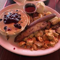 Vegan breakfast combo blueberry pancake tofu eggs and sausage were my choices   at Millie's Cafe in Los Angeles