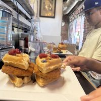 Vegan chicken & waffles, my twins’ favorite brunch combo!  at Millie's Cafe in Los Angeles