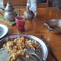 Chana curry (vegan) with naan and chai (vegetarian) at Om Cafe in Bocas Del Toro