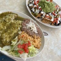Vegan enchiladas (left), vegan nachos (right)  at Lupe's in New York City