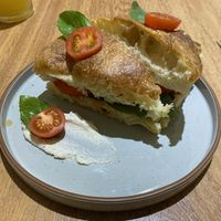 Focaccia cashew cheese, tomato, basill  at Felicia & Domingo in Lima