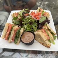 Tempeh club sandwich with salad  at Larchmont Bungalow Cafe in Los Angeles