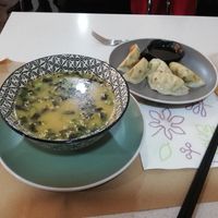 Miso soup and veggie gyoza at Suki Ramen Bar in Barcelona
