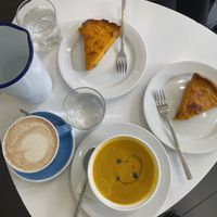 Pumpkin quiche, pumpkin soup, and chai latte. Everything was excellent !  at Cloud Cakes -  Notre Dame de Lorette in Paris