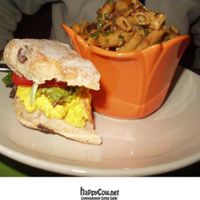 Eggless Egg Salad Sandwich on Kalamata Olive Ciabatta and a side of pasta salad at Fig in Scranton