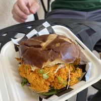 Carrot Tuna on Pretzel Bun  at Flatbelly Veg in Flourtown