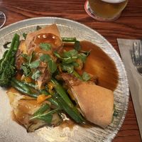 Vegan Roast- Wellington with winter squash and sage.  Green veggies lightly cooked and root veggies well roasted   at Brewhemia in Edinburgh