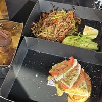 Oyster mushroom toast (top), Open caprese sandwich (bottom), Chocolate brownie, Caramel brownie and Bounty bar (left).  at Enso in Limassol