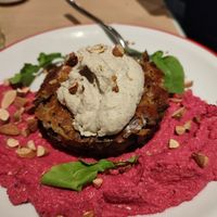 Tortilla with beetroot hummus at Gordo Vegano in Buenos Aires