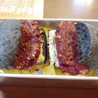 Vegan beet burger with vegan cream cheese at SUSU Vegan Mylk Bar Penang in Penang