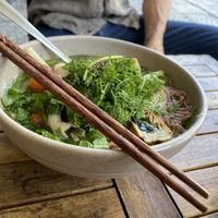 Fish style noodle soup (bottom option on current menu Feb 2023  at Bon's Vegan Bistro in Ho Chi Minh City