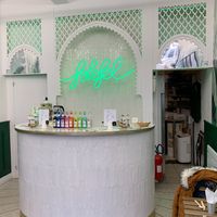 Interior of Falafel restaurant. There were four tables for eating in  at Falafel in Lille