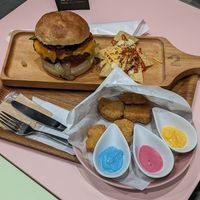Spicy Burger comes with tacos, & nuggets with three dips at 2foods - Ginza Loft in Tokyo