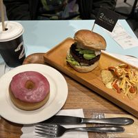 Teriyaki avocado burger, sakura donut, and cold-pressed juice  at 2foods - Ginza Loft in Tokyo