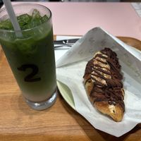 Iced matcha latte and Chocolate Banana Passionfruit Croissant  at 2foods - Ginza Loft in Tokyo