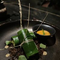 Sticky rice on mushroom floss. Part of set menu “Vietnam” (950k VND)  at Cổ Đàm Chay in Hanoi