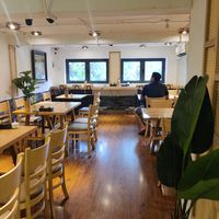 Upstairs seating at Bánh mí Vegan Vietnam in Hanoi