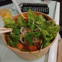 Vegetarian beef noodle soup (before I mixed the greenery) at Bánh mí Vegan Vietnam in Hanoi