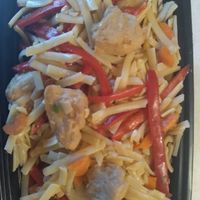 Tossed noodles with vegan chicken at Eat Greenz in Mt Holly