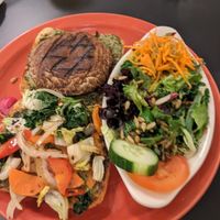 Portobello sandwich with salad at The Cheeze Factory Restaurant in Baraboo