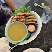Soup and sandwich- “chicken” sandwich and cauliflower curry soup at The Cheeze Factory Restaurant in Baraboo