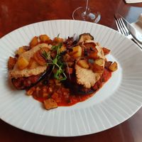 Eggplant filled with ratatouille, cashew cream on top at Kleehof in der Gaertnerstadt in Bamberg