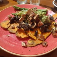 Roasted sweet potato toast with smoked tofu. Funnily enough they call it "toast" but there's no bread  at Zenith Brunch & Cocktails in Madrid