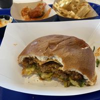 Flatiron burger, wings, waffle fries  at Meta Burger in Boulder