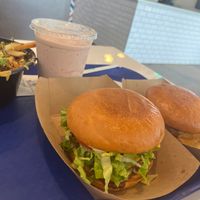 Two Vegan Burgers
Far right was Uncle Phil
Strawberry Vegan Shake in the background  at Meta Burger in Boulder