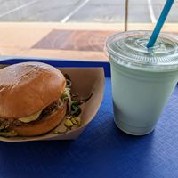 The flatiron, with mushrooms and brussel sprouts, and an oat-based shake. at Meta Burger in Boulder