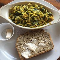Mac & Cheeze, multi grain bread with vegan butter at Wildflour Bakery and Cafe in West Seattle