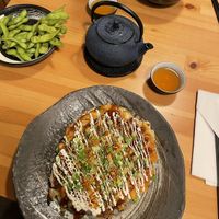 Cheese and tofu okonomiyaki (cabbage pancake) and edamame   at Cafe Andamiro in Edinburgh