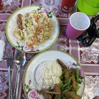 Crispy pork with fragrant flowers & fried rice   at Tukta in Koh Tao